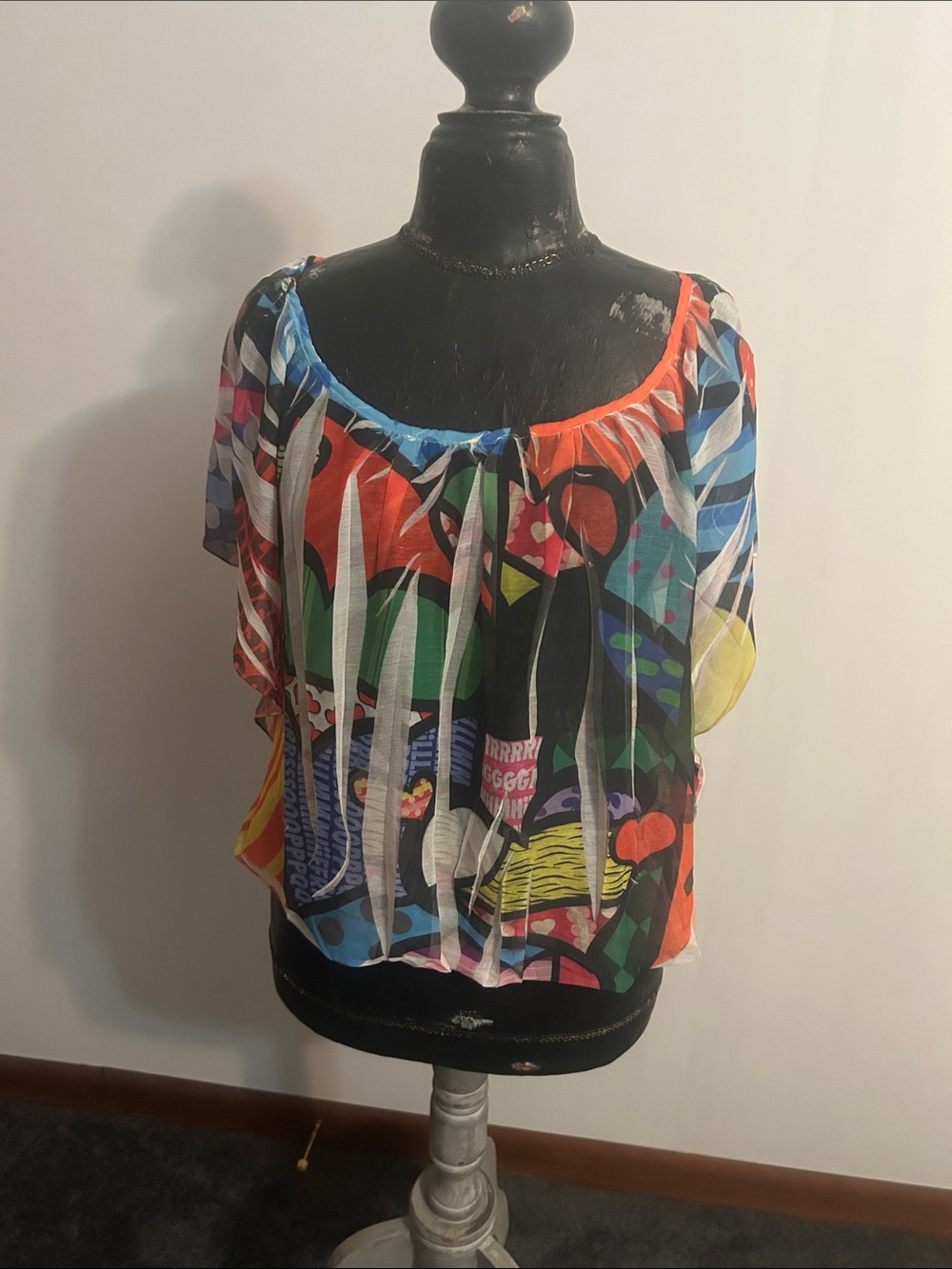 Espresso Women’s Multicolor sheer Graphic Off-Shoulder Top